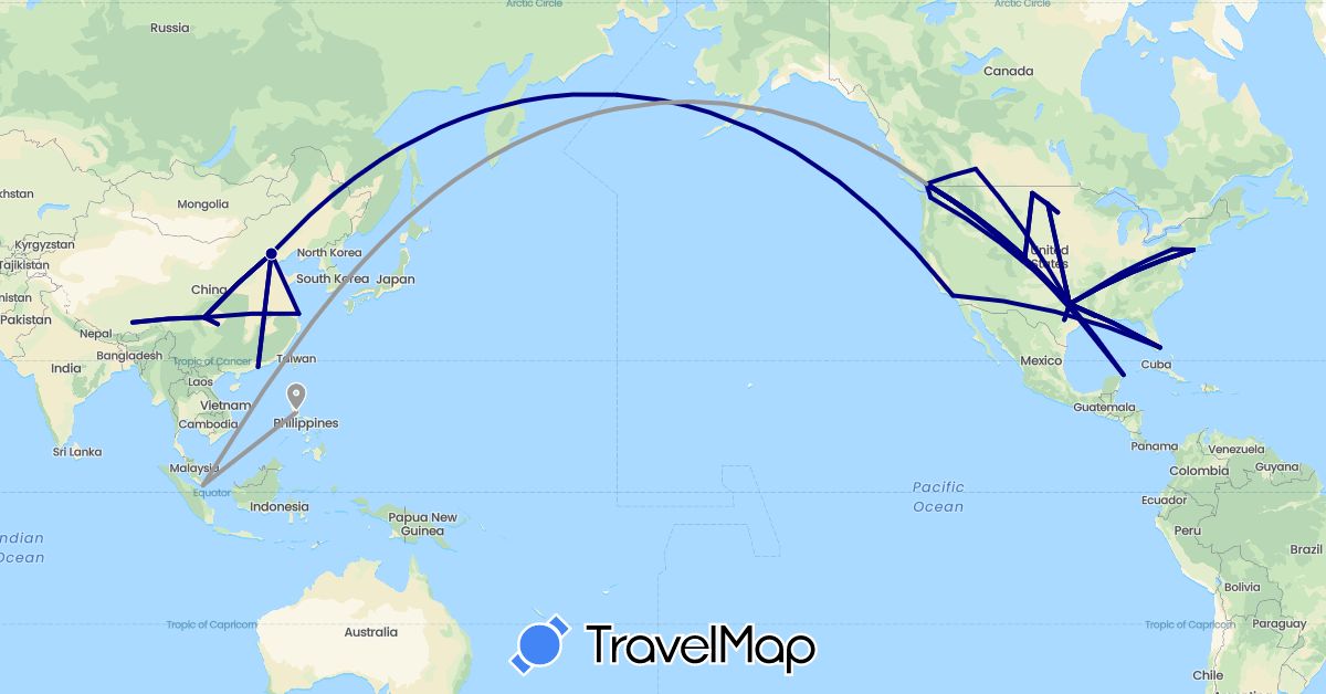 TravelMap itinerary: driving, plane in Canada, China, Mexico, Philippines, Singapore, United States (Asia, North America)